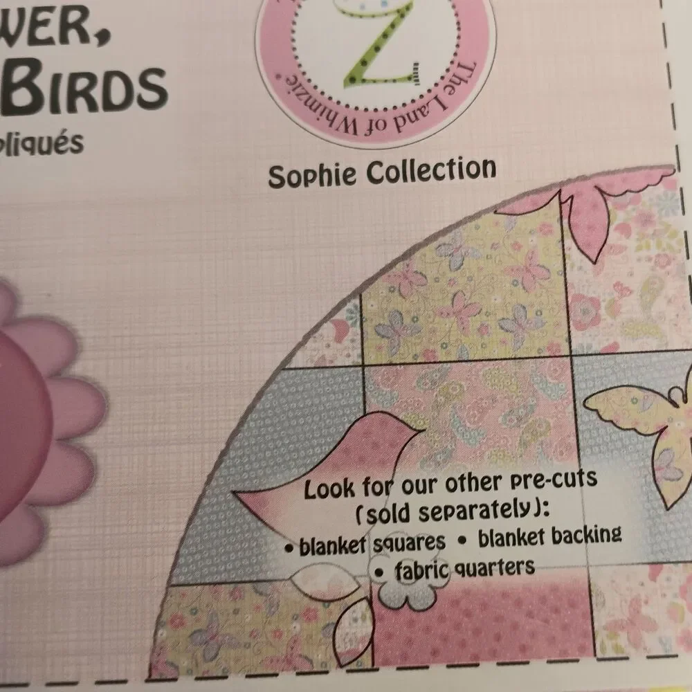 Land of Whimzie Baby Blanket Kit Fabric & Iron On Flower Butterflies Birds - New